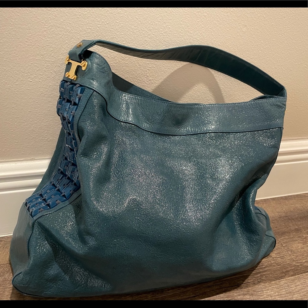 Tory Burch Teal Tidal Blue Slouchy Hobo Bag Beaded Logo Tiles Gold Hardware
